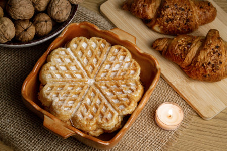 Delicious homemade waffles on the table. Walnuts and croissants. High quality photoの写真素材
