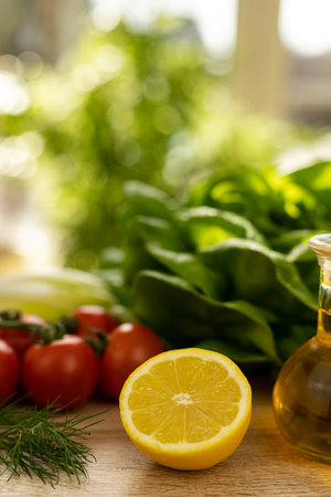 Red tomatoes, lettuce leaves on the table close-up. Vegetables for salad on the kitchen table. High quality photoの写真素材