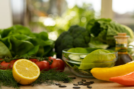 Red tomatoes, lettuce leaves on the table close-up. Vegetables for salad on the kitchen table. High quality photoの写真素材