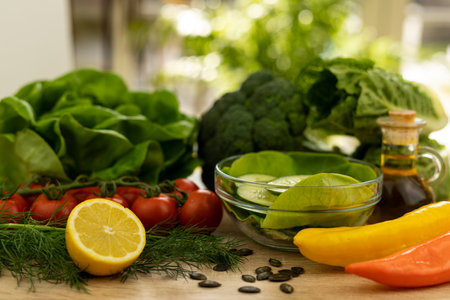 Red tomatoes, lettuce leaves on the table close-up. Vegetables for salad on the kitchen table. High quality photoの写真素材