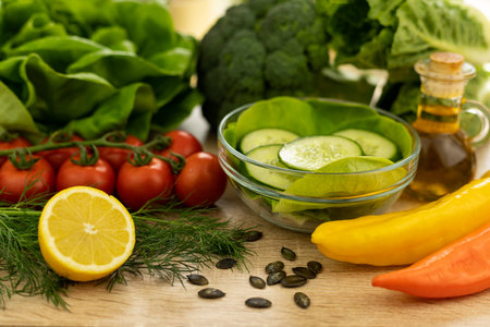 Red tomatoes, lettuce leaves on the table close-up. Vegetables for salad on the kitchen table. High quality photoの写真素材