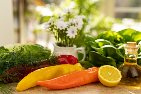 Red and yellow peppers close-up. Fresh vegetables for salad on the table. High quality photoの写真素材