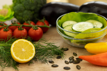 Vegetarian food. Preparation of salad. Spring vegetable salad. Dietary nutrition. High quality photoの写真素材