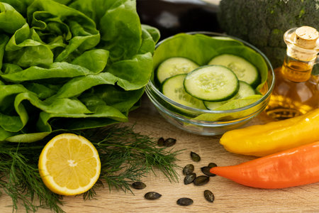 Beautiful fresh vegetables on the table. Preparation of salad. Vegetable slices. Diet. High quality photoの写真素材