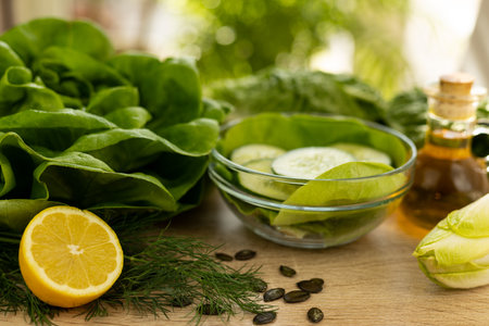 Vegetables from the garden. Ingathering. Making salad at home in the kitchen. High quality photoの写真素材