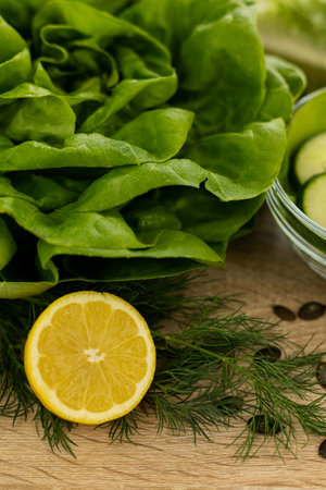 Vegetables from the garden. Ingathering. Making salad at home in the kitchen. High quality photoの写真素材
