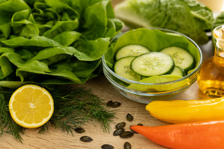 Vegetables from the garden. Ingathering. Making salad at home in the kitchen. High quality photoの写真素材