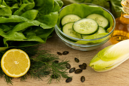 Vegetables from the garden. Ingathering. Making salad at home in the kitchen. High quality photoの写真素材