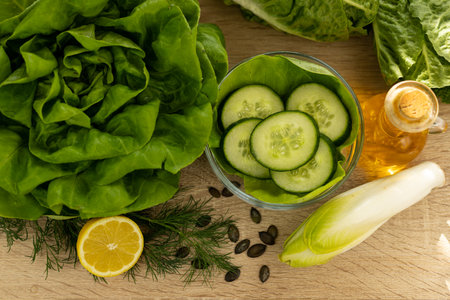 Vegetables from the garden. Ingathering. Making salad at home in the kitchen. High quality photoの写真素材