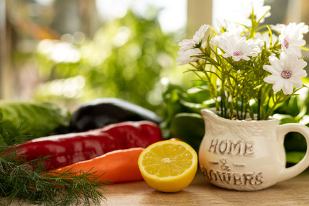 Freshly washed vegetables ready to eat. Preparation of salad. High quality photoの写真素材