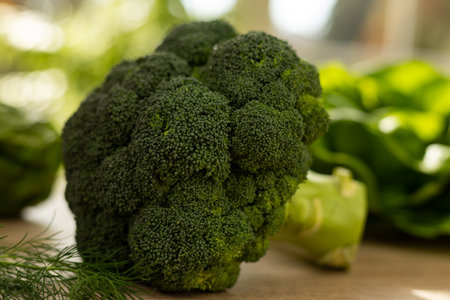 Fresh green broccoli on the table. Ready-to-use green vegetables. High quality photoの写真素材