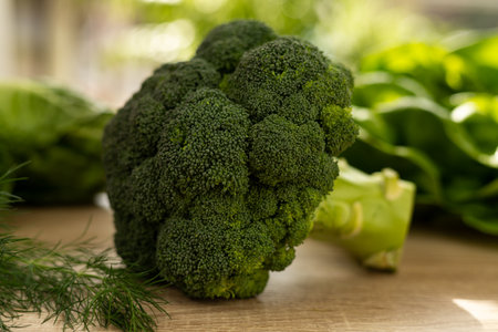 Fresh green broccoli on the table. Ready-to-use green vegetables. High quality photoの写真素材