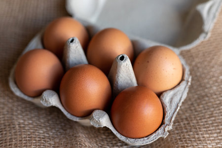 Chicken eggs in an egg carton. Homemade chicken eggs close-up. High quality photoの写真素材