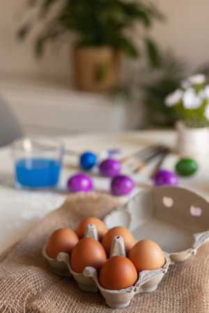 Chicken eggs in an egg carton. Homemade chicken eggs close-up. High quality photoの写真素材