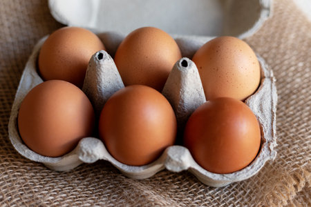 Chicken eggs in an egg carton. Homemade chicken eggs close-up. High quality photoの写真素材