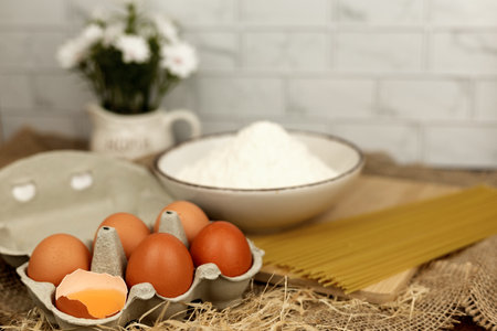 Eggs, flour, spaghetti. Cooking pasta. Ingredients for cooking pasta. High quality photoの写真素材