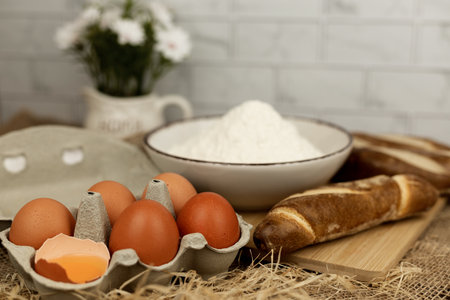 Freshly baked bread, flour, eggs. The process of baking bread. Baking Ingredients. High quality photoの写真素材