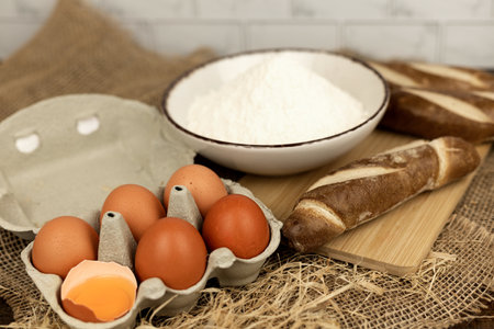 Freshly baked bread, flour, eggs. The process of baking bread. Baking Ingredients. High quality photoの写真素材