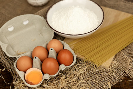 Eggs, flour, spaghetti. Cooking pasta. Ingredients for cooking pasta. High quality photoの写真素材