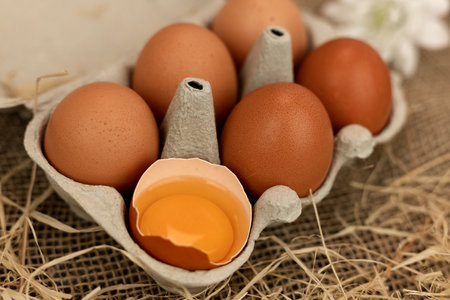 Brown homemade eggs in an egg carton. Broken egg. Raw egg yolk. High quality photoの写真素材