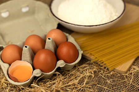 Eggs, flour, spaghetti. Cooking pasta. Ingredients for cooking pasta. High quality photoの写真素材