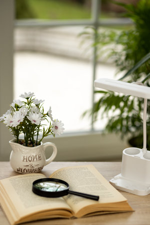 A book with a magnifying glass. High quality photoの写真素材