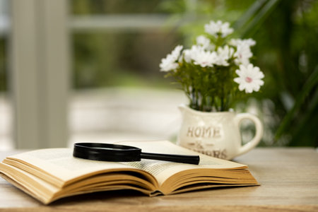 Book with a magnifying glass. High quality photoの写真素材