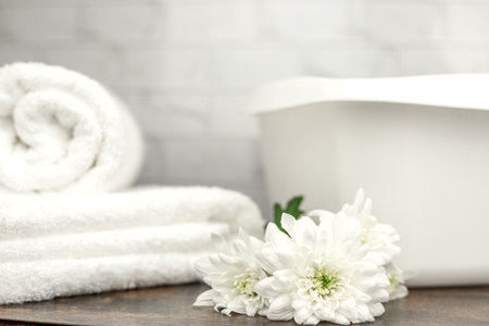 White terry towel. Cotton towel. Bathroomの写真素材