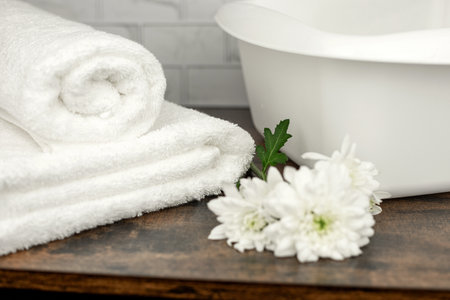 White terry towel. Cotton towel. White basin. Bathroomの写真素材