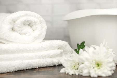 White terry towel. Cotton towel. White basin. Bathroomの写真素材