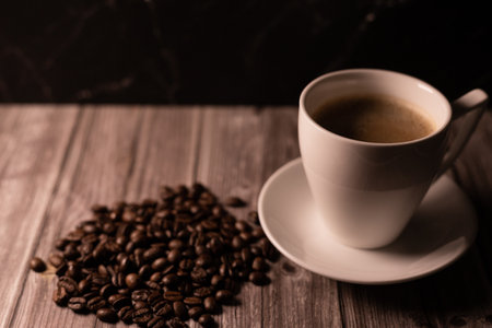 Morning coffee. Breakfast with coffee. Coffee beans. High quality photoの写真素材
