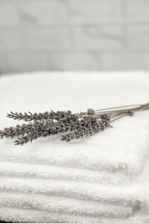 Dried lavender. White terry towels. High quality photoの写真素材