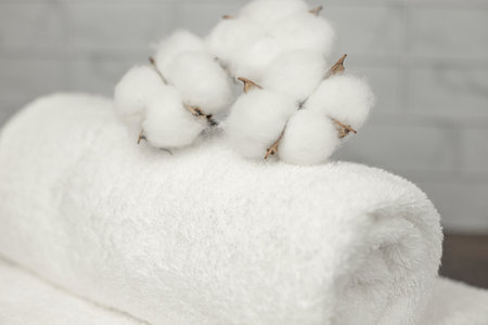 White terry towel. Cotton towel. Bathroom. High quality photoの写真素材