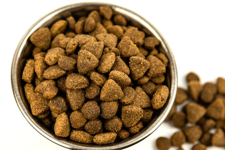 A Steel Bowl full of dog-food. Shot with an overhead camera rig.の写真素材