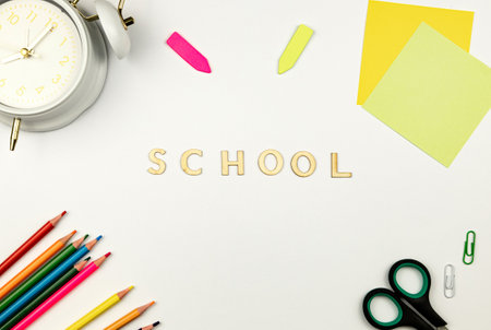 School supplies on a white background. School background. High quality photoの写真素材