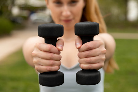 Cheerful motivated sporty woman exercising with small dumbbells outdoors, athletic lady holding...