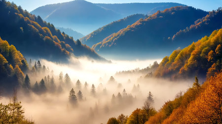 Misty Morning in Autumn Mountains Fog in Colorful Forest Valleyの素材