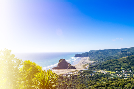 Panoramic view of Piha beach and the adjacent valley on the West coast of Auckland, New Zealandの写真素材