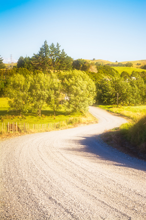 Country landscape - a winding country road leading amongst green fields and bushy trees. Beautiful summer day in Northland, New Zealandの写真素材