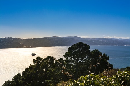 View over Wellington harbour as a small cargo ship heads away in sunset lightの写真素材
