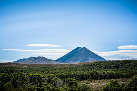 Mount Ngauruhoe rising over flat plateau on a fine summer day. Tongariro national park, New Zealand