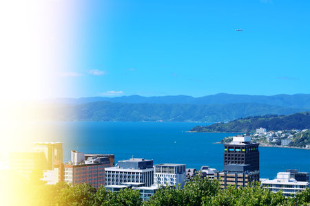 View over Wellington Harbour and Central Business District on a bright summer day. Wellington, New...