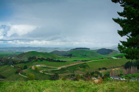 Long and winding rural road leading through green hills in Hawkes Bay, New Zealand.の写真素材