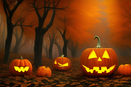 A group of Jack-o-lanterns amongst fallen leaves in autumn forest. Concept of Halloween. Digital illustration. CG Artwork Background.の写真素材