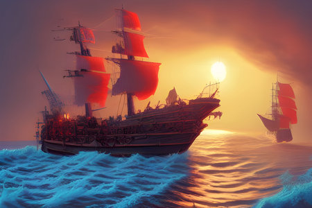 Sailboat in the storm sea at sunset. Amazing 3D landscape. Digital illustration. CG Artwork...