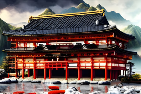 Landscape image of snow cone of a volcano mountain with classic Pagoda by the lake. Amazing 3D landscape. Digital illustration. CG Artwork Background.の写真素材