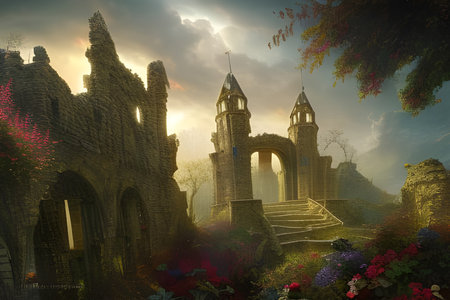 Fantasy landscape with ruins of Mediaeval Castle in the mountains. Digital illustration. CG Artwork Background.の写真素材