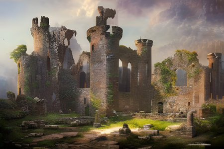 Fantasy landscape with ruins of Mediaeval Castle in the mountains. Digital illustration. CG Artwork Background.の写真素材