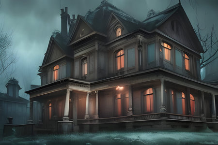 Horror house in a stormy weather. Digital illustration. CG Artwork Background.