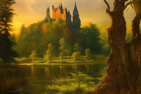 Dreamy landscape with sunset over castle ruins by a forest lake. Amazing 3D landscape. Digital illustration. CG Artwork Backgroundの写真素材